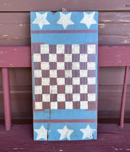 Primitive Folk Art Painted Patriotic Red White Blue Checkerboard 22 X11 Wooden