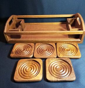 6 Piece Baker Hart Stuart Teak Wood Serving Tray And Coasters