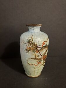 Miniature Antique Japanese Ginbari Cloisonn Vase With Dragon