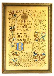  Late 19th C Hand Painted Illuminated Manuscript W Calligraphy Psalm 31 24