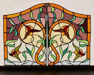 Pair Of 31 Tall Antique French Stained Glass Panels With Leaded Glass