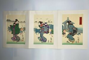 3 Set Japanese Woodblock Print Ukiyo E By Kuniyoshi Asian Vintage Antique Aav3