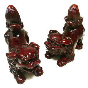 Vintage Chinese Pair Fu Foo Dogs Cinnabar Red Resin