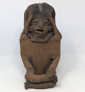 Pre Columbian Mayan Aztec Seated Shaman Clay Pottery Effigy Statue Figure Hr21