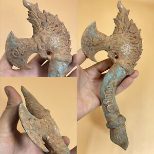 Wonderful Old Luristan Bronze Rare Axe With Animal Details Figure Decoration