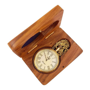 Antique Style Brass Pocket Watch Chain Wooden Box Roman Numbers Gift