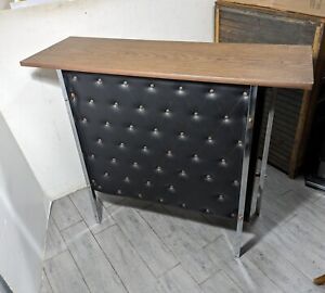 Vintage Mid Century Modern Black Tufted Vinyl Liquor Bar Cabinet Table Chrome