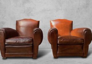 Pair Of Original 1940s French Leather Club Chairs Moustache Club Cigar Arms
