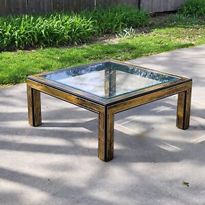 Mastercraft Bernhard Rohne Brass Acid Etched Modernist Glass Top Coffee Table