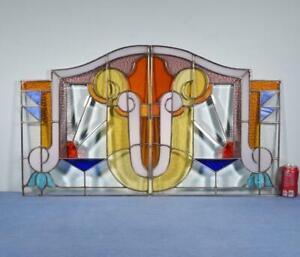 Pair Of Vintage French Art Deco Stained Glass Panels With Leaded Glass