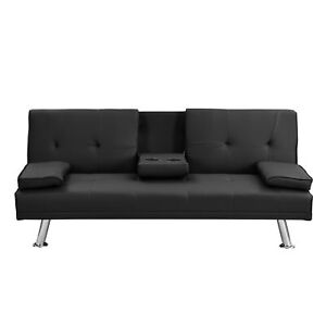 Sofa Bed With Armrest Two Holders Wood Frame Stainless Leg Futon Black