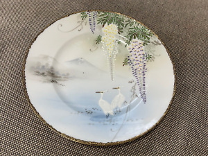 Antique Japanese Signed Porcelain Plate W Wisteria Birds Mt Fuji