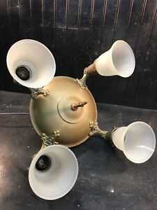 Vtg Brass Pan 4arm Art Deco Ceiling Light Fixture Tested Working New Wires