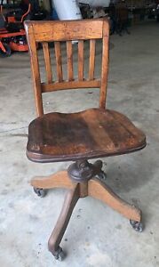 Antique Oak Desk Office Chair Stool Mechanical Adjustable Rolls Reclines