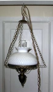 Vintage Hurricane Hobnail White Milk Glass Lamp Hanging Ceiling Chandelier Swag