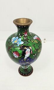 Cloisonne Geisha Green Enamel Flower Vase