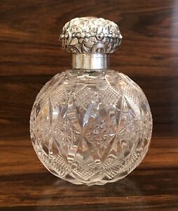 Antique Crystal Scent Perfume Bottle Repousse Silver Lid Cut Glass Globe C1905