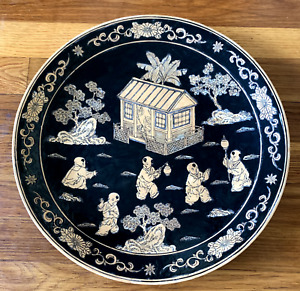 Antique Chinese Famille Noir Large Platter Children Scene W Floral Design Rim