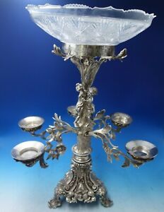 Silverplate Epergne With Cut Crystal Bowl Children In Forest C 1880 5580 