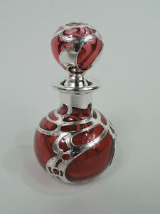 Gorham Perfume D939 Antique Art Nouveau Bottle American Red Glass Silver Overlay