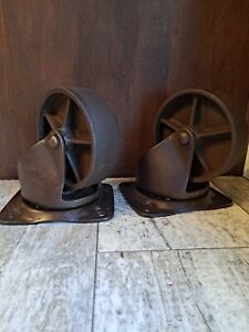2 Antique Industrial Steel Factor Cart Wheels Steampunk Base Upcycle Large 5 Dia
