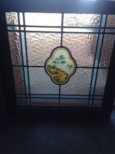Antique Stain Glass Window With The Center Portrait Of Trees And Water T4