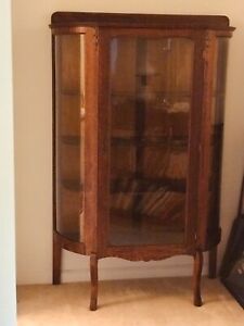 Antique Curved Glass Curio Cabinet With 4 Shelves Key 1800s China Display Case