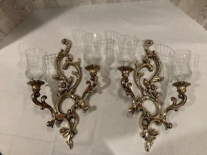 Pair Of 2 Vintage Mid Century Modern Hoolywood Regency Gold Toned Wall Sconces
