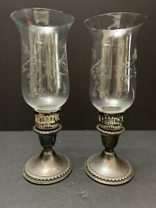 Pr Vintage Rogers Sterling Silver Weighted Hurricane Candleholders Gadroon Edges