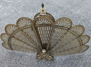 Vintage Brass Plated Fireplace Screen Folding Peacock Fan Griffin Gargoyle As Is