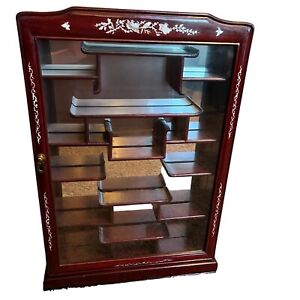 Vintage Asian Rosewood Glass Wall Shelf Display Curio Cabinet Mother Pearl Inlay