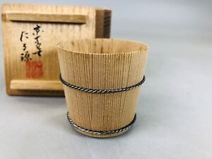 Y6186 Chawan Large Sake Cup Taru Gen Signed Box Cedar Silver Japan Antique Bowl