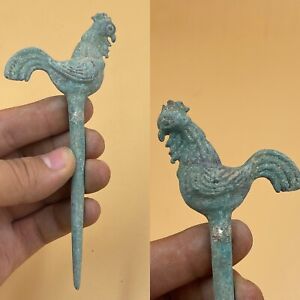 Very Rare Ancient Near Eastern Luristan Bronze Hair Pin With Rooster On Top