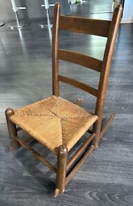 Antique Wood Ladder Back Childrens Rocking Chair Woven Rush Seat Farmhouse Style