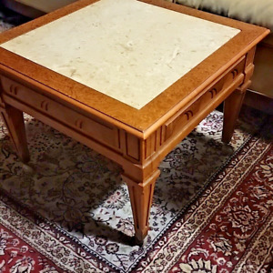 Vintage Travertine Marble Top Accent Side Table With Carved Wood Legs 2