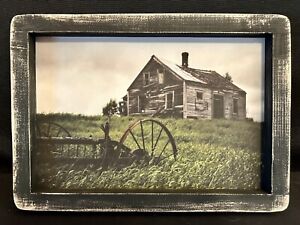 Prim Ctry Print Abandoned House With Old Farm Equipment Black Frame 11 X 8 