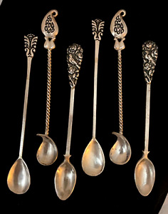 Set Of 6 Vintage Persian Sterling Silver Demi Tasse Espresso Spoons Paisley Bird