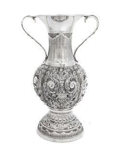 Fine Italian 925 Sterling Silver Handmade Chased Swirl Flower Vase With Handle