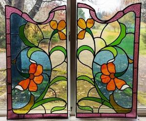 Pair 32 Tall Antique Art Nouveau Period Stained Glass Panels With Leaded Glass