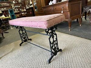 Antique Ornate Upholstered Cast Iron Vanity Window Piano Bench Stool