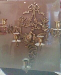 Large Ornate Brass Wall Sconce 3 Arms Love Birds W Bows 5 Candle Holders Vg 