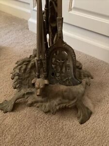 Vintage 20th C Antique Brass Fireplace Tool Stand Holder With Hunting Dog Motif 