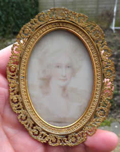 Antique German Miniature Portrait Paint Lady Frame