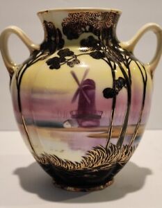 Lovely Antique 7 Nippon Hand Painted Vase Nature Windmill Pond Lake Scene