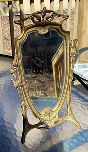 Antique Iron Art Nouveau Gilt Mirror Gold Tone Roses 16 High