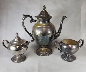 Wm Rogers Vintage Silver Plate Three Piece Tea Coffee Service Set Full Set