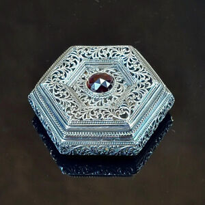 Antique Openwork Decorated Continental 800 Silver Hexagonal Box Faceted Garnet