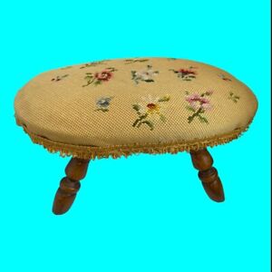 Vintage Victorian Or Early American Oval Needlepoint Foot Stool Or Ottoman