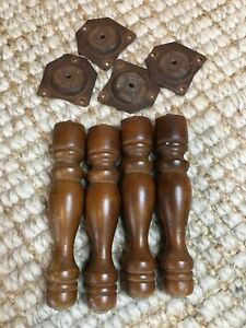 Vintage 50s 60s Brown Spindle Turned Stool Pouf Legs Wood Wooden 7 W Hardware 