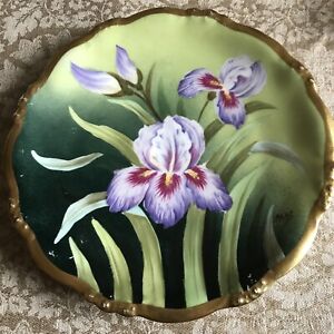 Antique P B Elite Limoges France Hp Artist Signed Porcelain Plate Irises